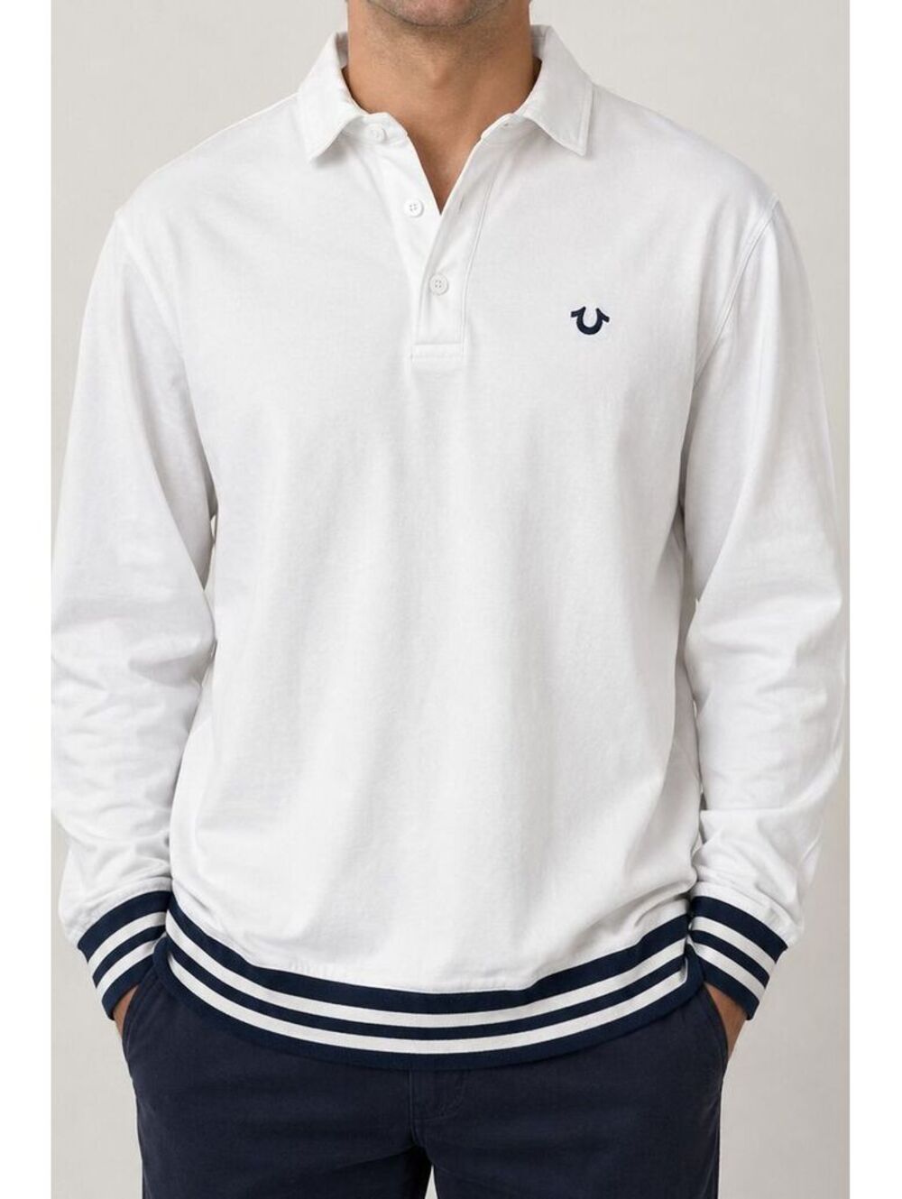 True Religion Mens L Rugby Polo Shirt Horseshoe Logo White Navy 2000s Retro